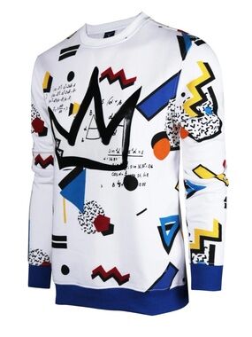 Screenshot White Geometric Print Crewneck Sweater with Blue Trim size 3XL